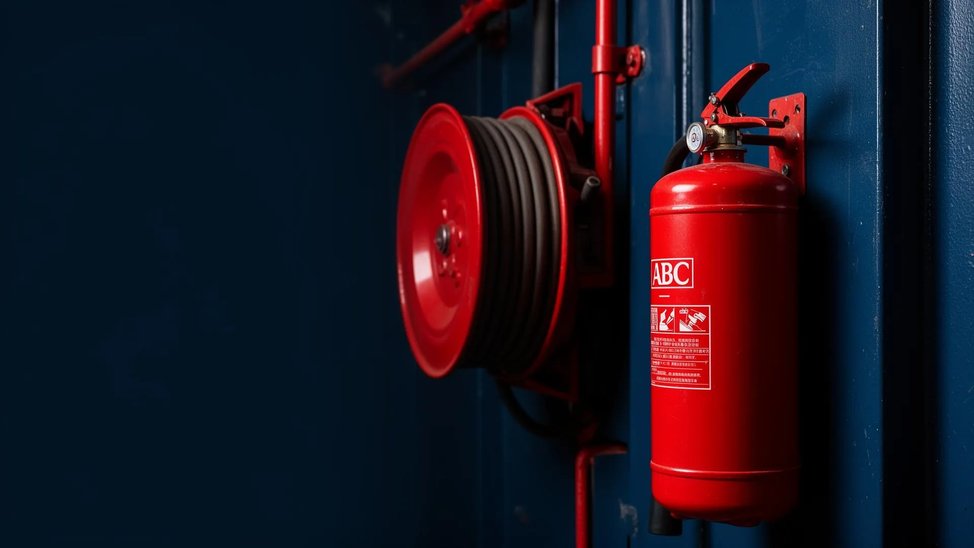 Extintor contra incendios y red de hidrantes en instalación industrial